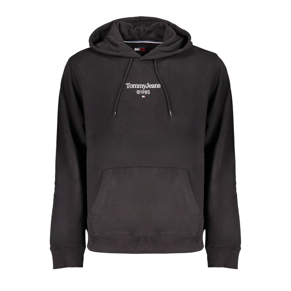 Black cotton men's sweatshirt hoodie by Tommy Hilfiger featuring a drawstring hood and logo detail on the front.