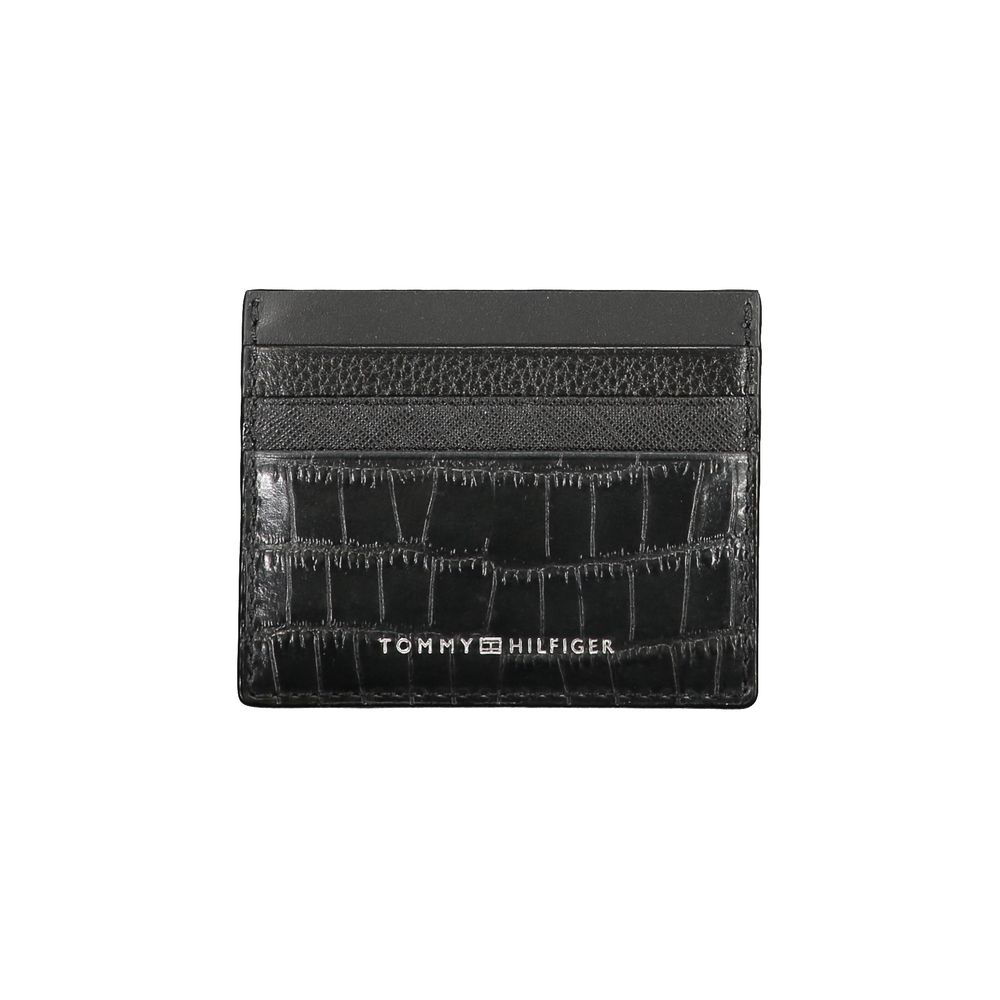 Tommy Hilfiger black leather men's wallet with multiple card slots and a sleek, classic design.