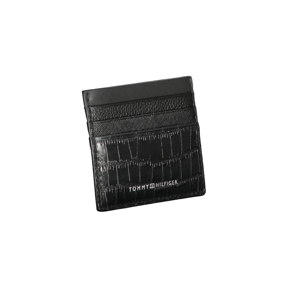 Tommy Hilfiger black leather men's wallet with multiple card slots and a sleek, classic design.