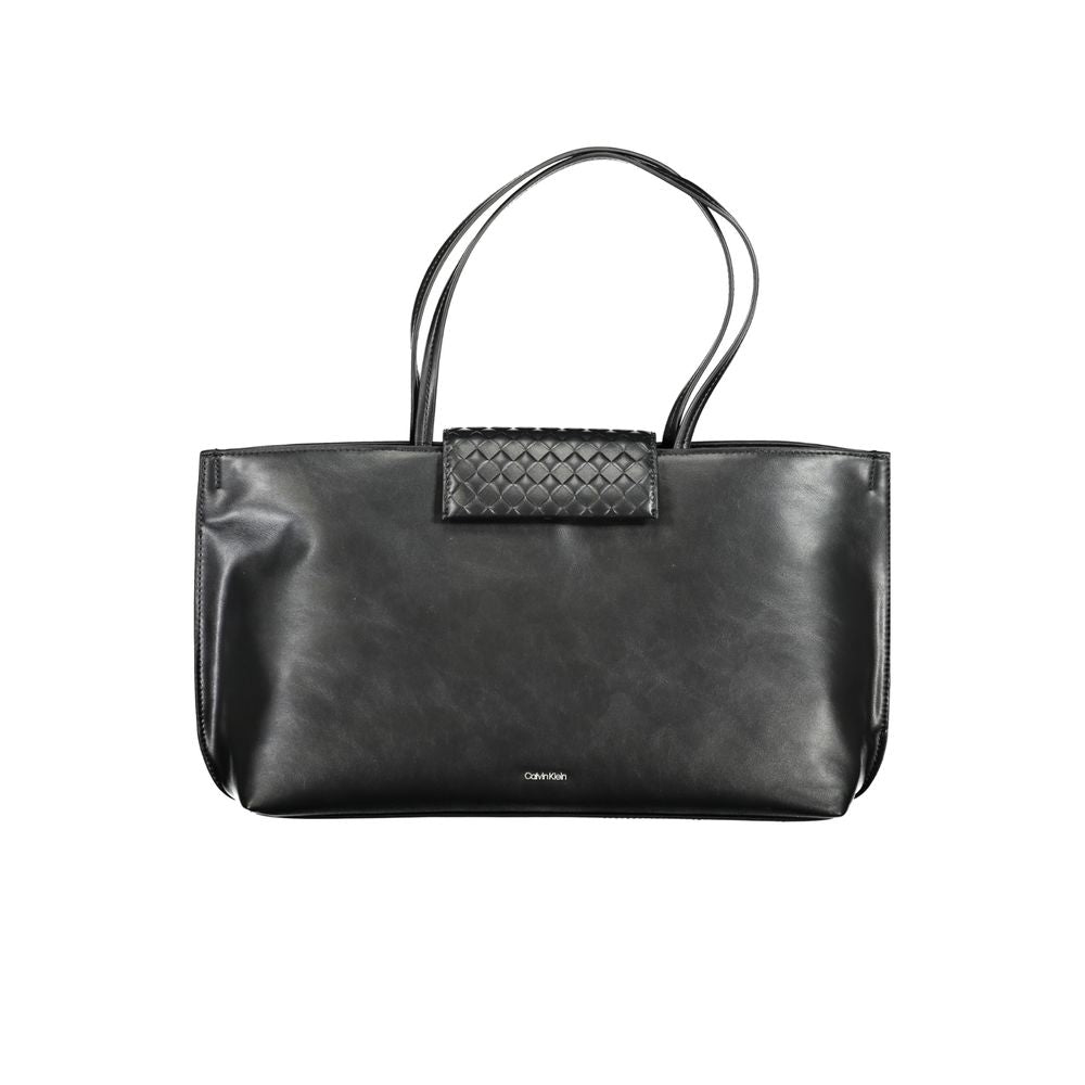 Calvin Klein black polyester women's handbag with sleek design and top handles, stylish for everyday use.