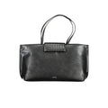 Calvin Klein black polyester women's handbag with sleek design and top handles, stylish for everyday use.