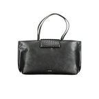 Calvin Klein black polyester women's handbag with sleek design and top handles, stylish for everyday use.
