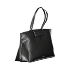 Black Calvin Klein polyester women's handbag with sleek design and subtle branding, featuring a top handle and spacious interior.