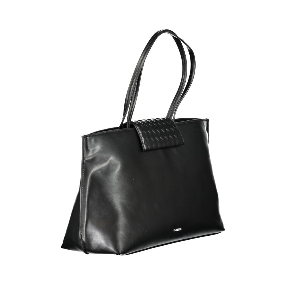 Black Calvin Klein polyester women's handbag with sleek design and subtle branding, featuring a top handle and spacious interior.
