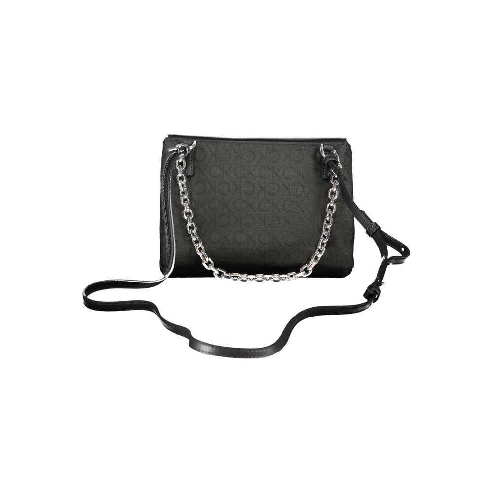 Black Calvin Klein polyester handbag for women with sleek design and top handles, showcasing a stylish and functional accessory.
