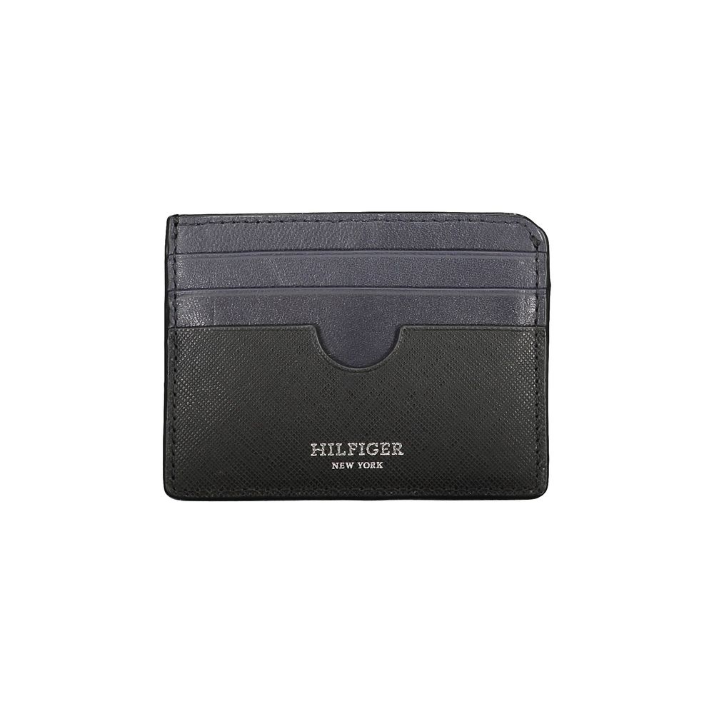 Black leather men's wallet by Tommy Hilfiger with multiple card slots and a sleek, classic design.