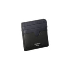 Tommy Hilfiger black leather men's wallet with embossed logo and multiple card slots, displayed open showing interior compartments.