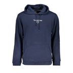 Tommy Hilfiger blue cotton men's sweatshirt displayed on a hanger with a crew neck and long sleeves.