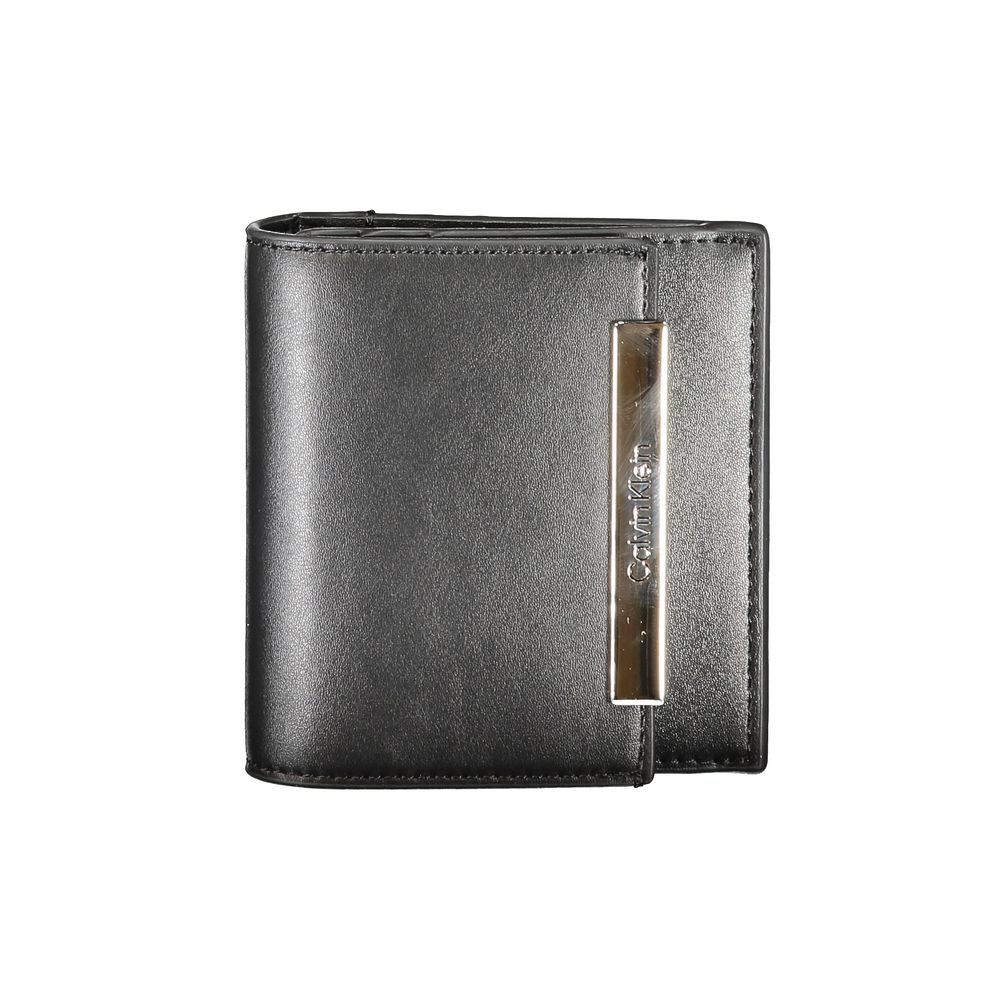 Black Calvin Klein women's wallet made of polyurethane, featuring a sleek design with a zip-around closure and multiple card slots.