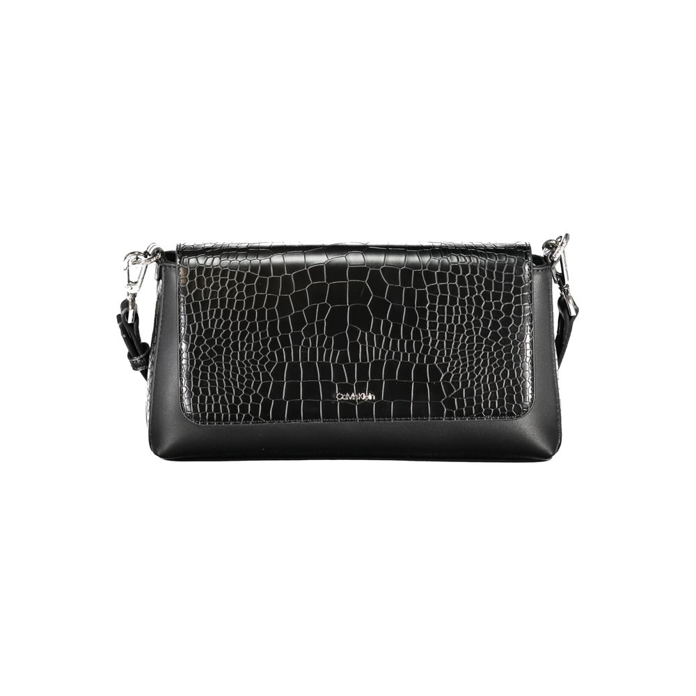 Black Calvin Klein women’s handbag made of polyurethane, featuring a sleek design and top handle for versatile style.