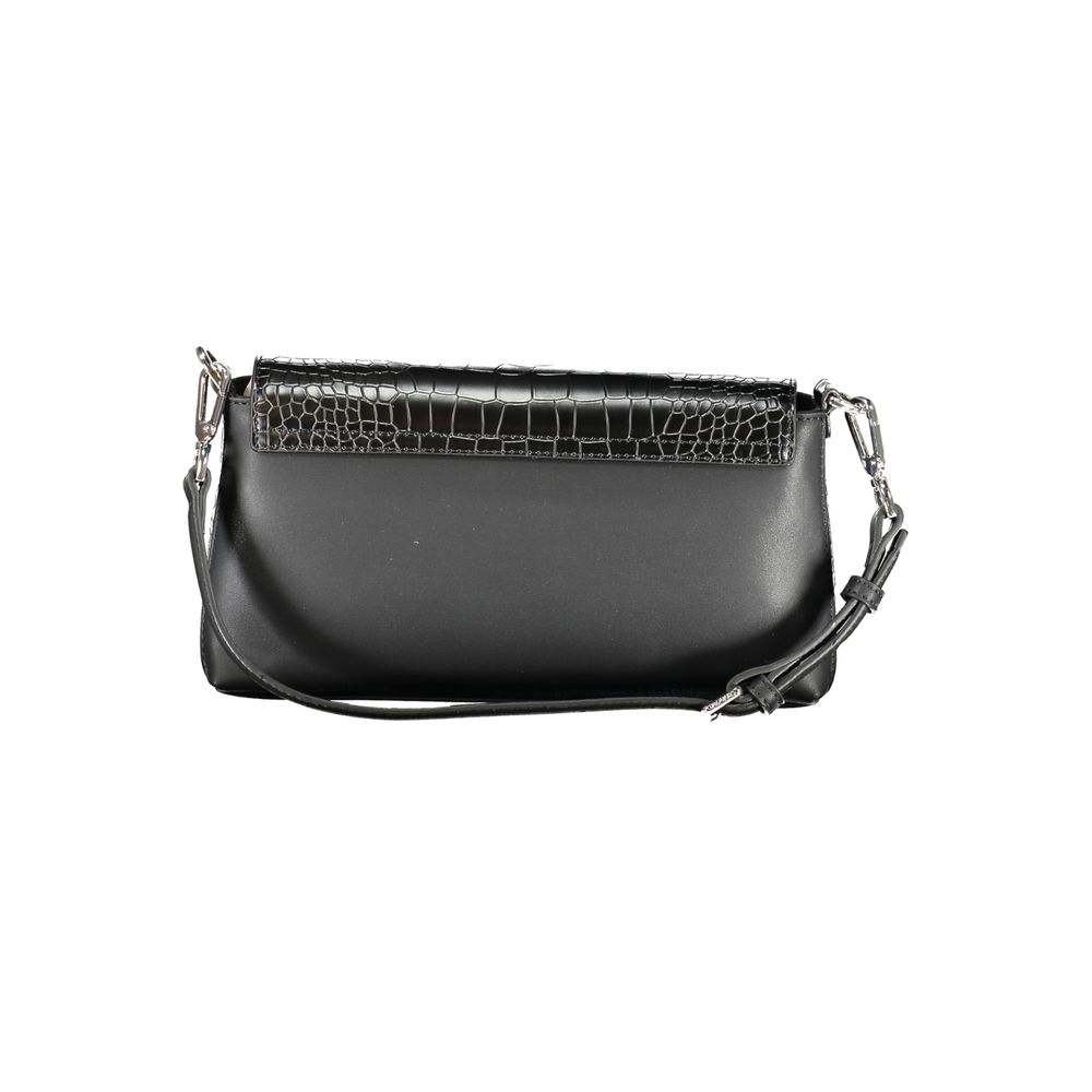 Calvin Klein black polyurethane women's handbag with sleek design and silver hardware, featuring a top handle and spacious interior.