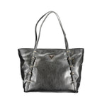 Black Guess Jeans polyurethane women's handbag with sleek design and top handle, featuring minimalist style and subtle brand details.
