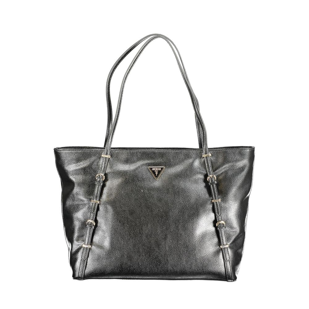 Black Guess Jeans polyurethane women's handbag with sleek design and top handle, featuring minimalist style and subtle brand details.