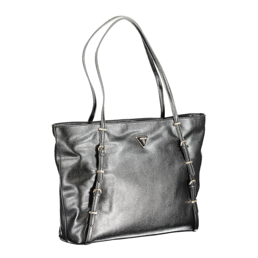 Black Guess Jeans polyurethane women's handbag with sleek design and top handle, featuring subtle branding and modern style.
