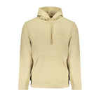 Beige cotton men's sweatshirt by Calvin Klein with a relaxed fit and ribbed cuffs, displayed on a hanger.