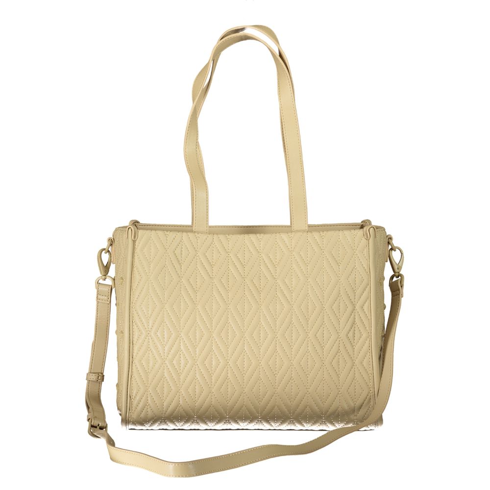 Mario Valentino beige polyurethane women's bag with top handles and minimalist design, displayed against a neutral background.