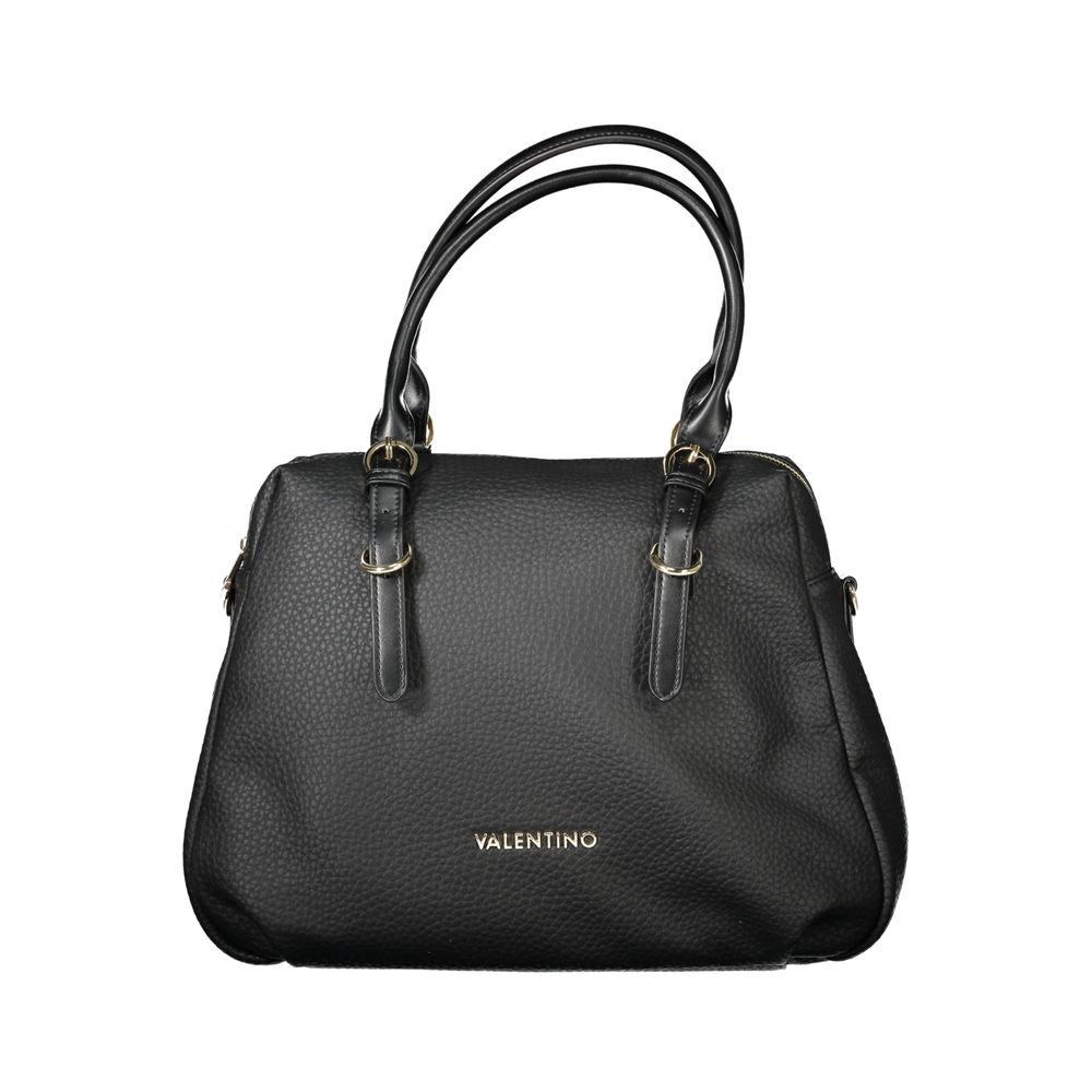 Mario Valentino black polyurethane women's bag with sleek design and gold-tone accents, featuring a structured shape and top handle.