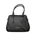 Mario Valentino black polyurethane women's bag with sleek design and gold-tone accents, featuring a structured shape and top handle.