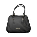 Mario Valentino black polyurethane women's bag with sleek design and gold-tone accents, featuring a structured shape and top handle.