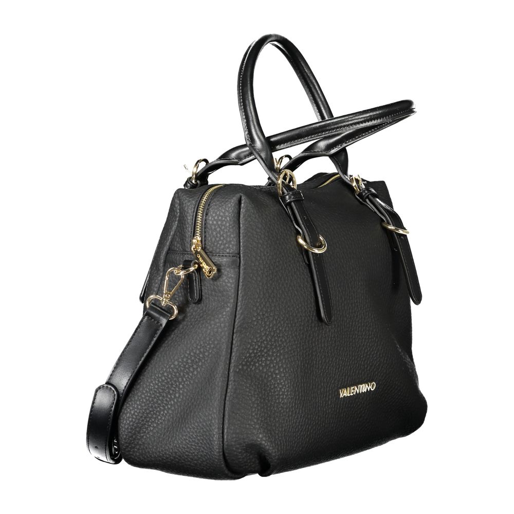 Mario Valentino black polyurethane women's bag with sleek design and silver hardware, featuring a top handle and adjustable shoulder strap.