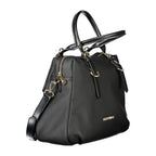 Mario Valentino black polyurethane women's bag with sleek design and silver hardware, featuring a top handle and adjustable shoulder strap.