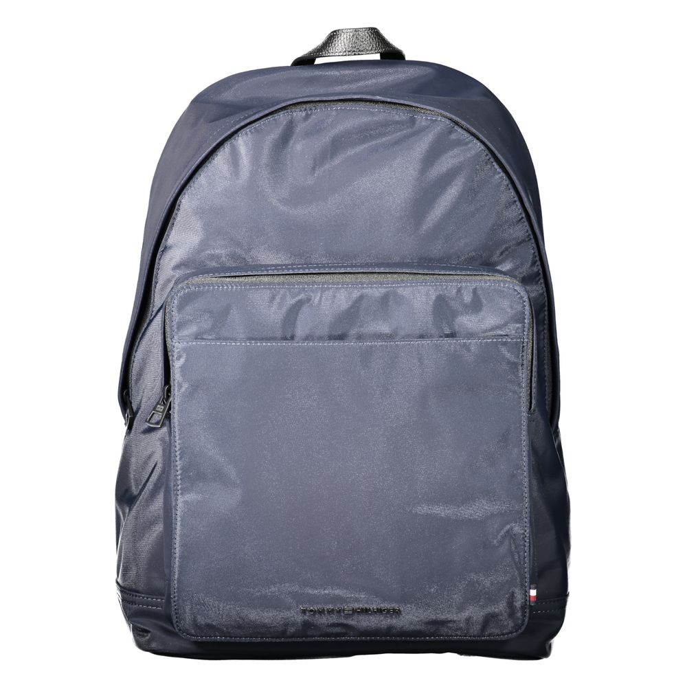 Tommy Hilfiger blue polyester men's backpack with adjustable straps and front zip pocket, stylish and functional for everyday use.