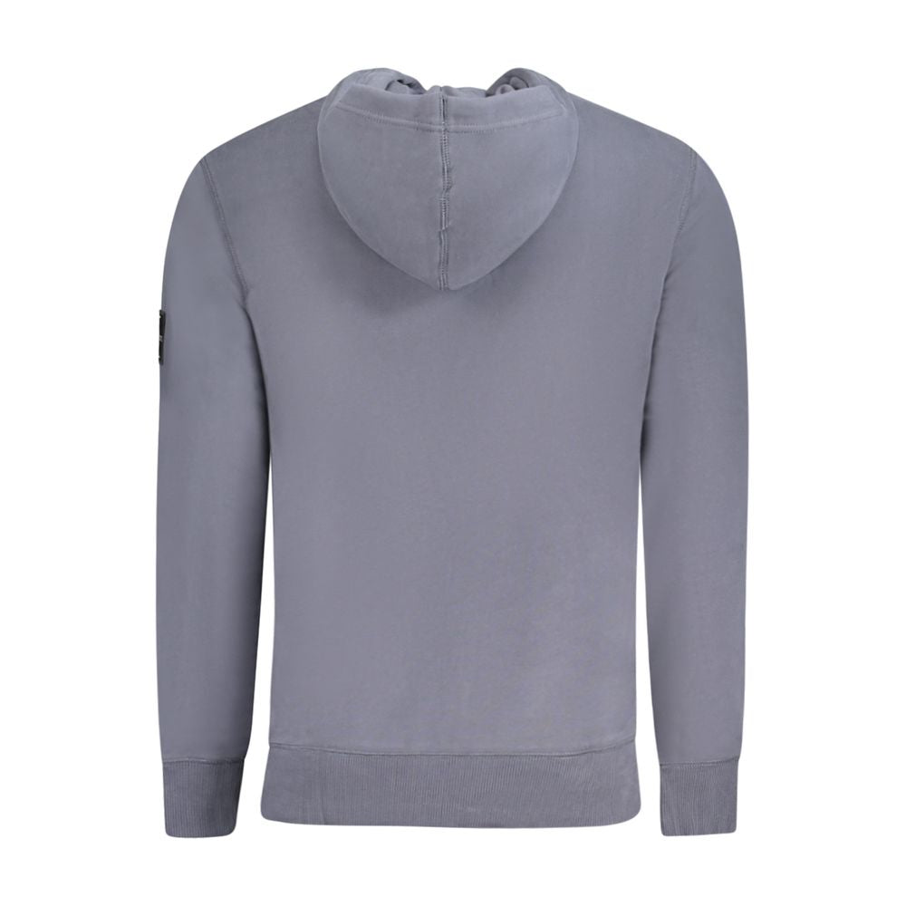 Calvin Klein blue cotton men's sweater with long sleeves and ribbed cuffs, displayed on a plain background.