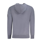 Calvin Klein blue cotton men's sweater with long sleeves and ribbed cuffs, displayed on a plain background.