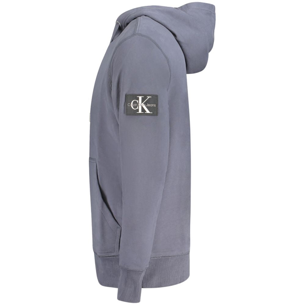 Calvin Klein blue cotton men's sweater featuring a classic crew neck and ribbed cuffs, styled on a plain background.
