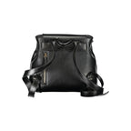Mario Valentino black polyurethane women's backpack with adjustable straps and silver-tone hardware, stylish and functional accessory.