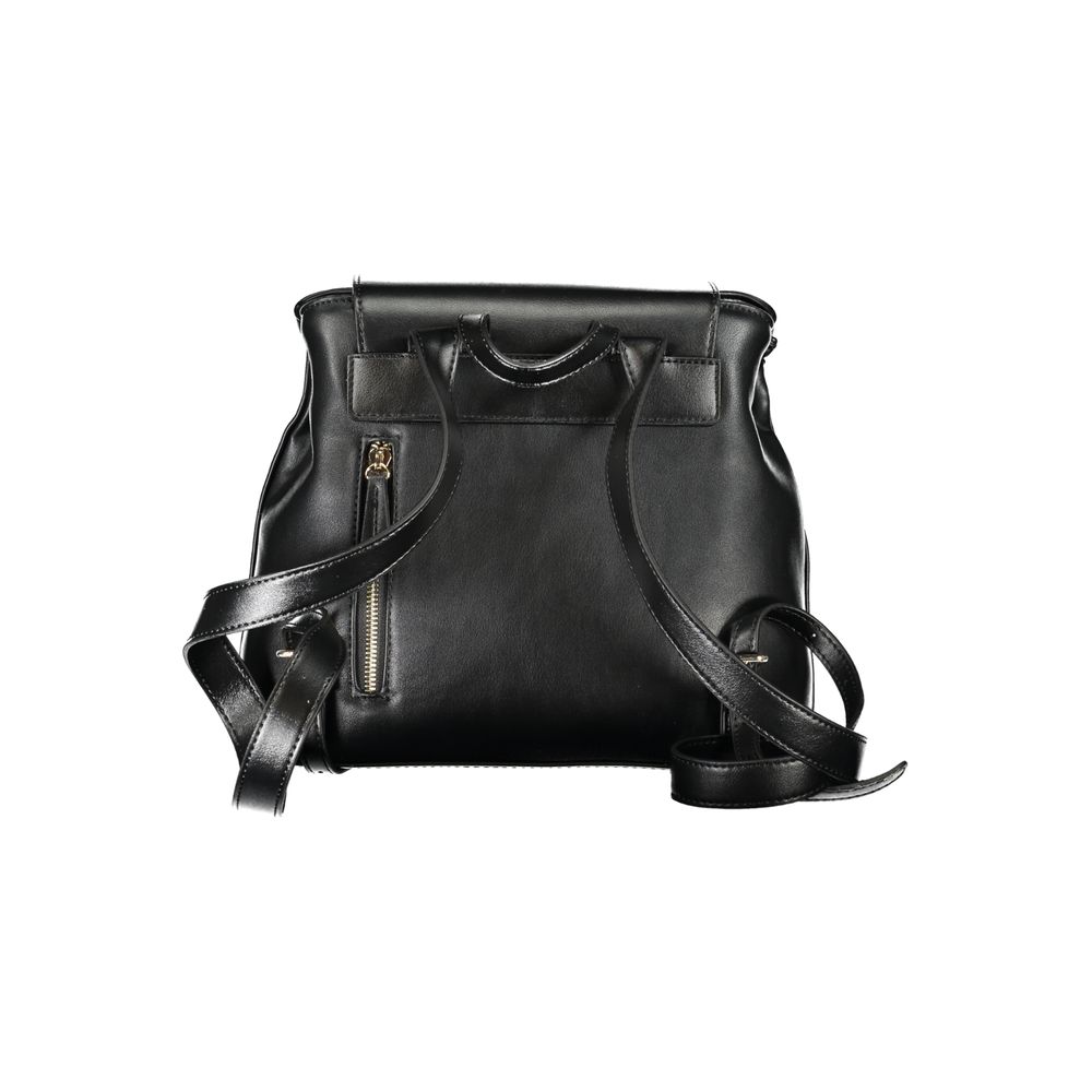 Mario Valentino black polyurethane women's backpack with adjustable straps and silver-tone hardware, stylish and functional accessory.