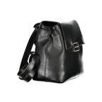 Mario Valentino black polyurethane women's backpack with adjustable straps and gold-tone hardware, stylish and functional.