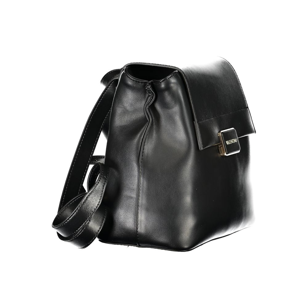 Mario Valentino black polyurethane women's backpack with adjustable straps and gold-tone hardware, stylish and functional.