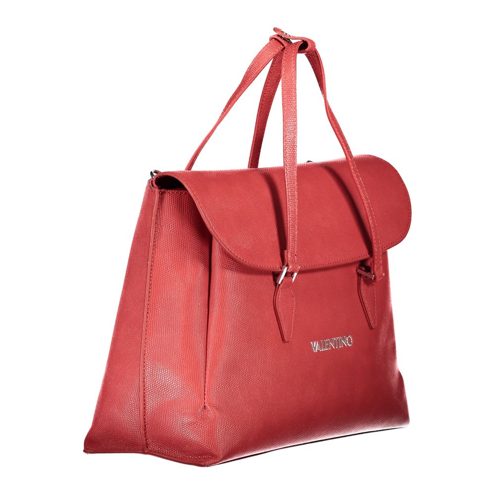 Red Mario Valentino women's polyurethane bag with sleek design and silver hardware, featuring two top handles and a spacious interior.