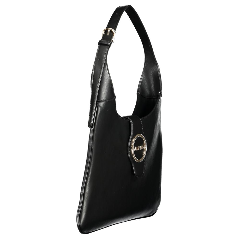 Mario Valentino Nero polyurethane women's bag with sleek design and silver hardware, featuring a top handle and adjustable shoulder strap.