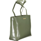 Mario Valentino Verde polyurethane women's bag with sleek design and top handle, featuring silver hardware and a spacious interior.