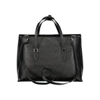 Mario Valentino black polyurethane women's bag with sleek design and silver hardware, featuring a top handle and spacious interior.