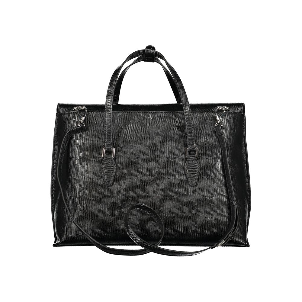 Mario Valentino black polyurethane women's bag with sleek design and silver hardware, featuring a top handle and spacious interior.