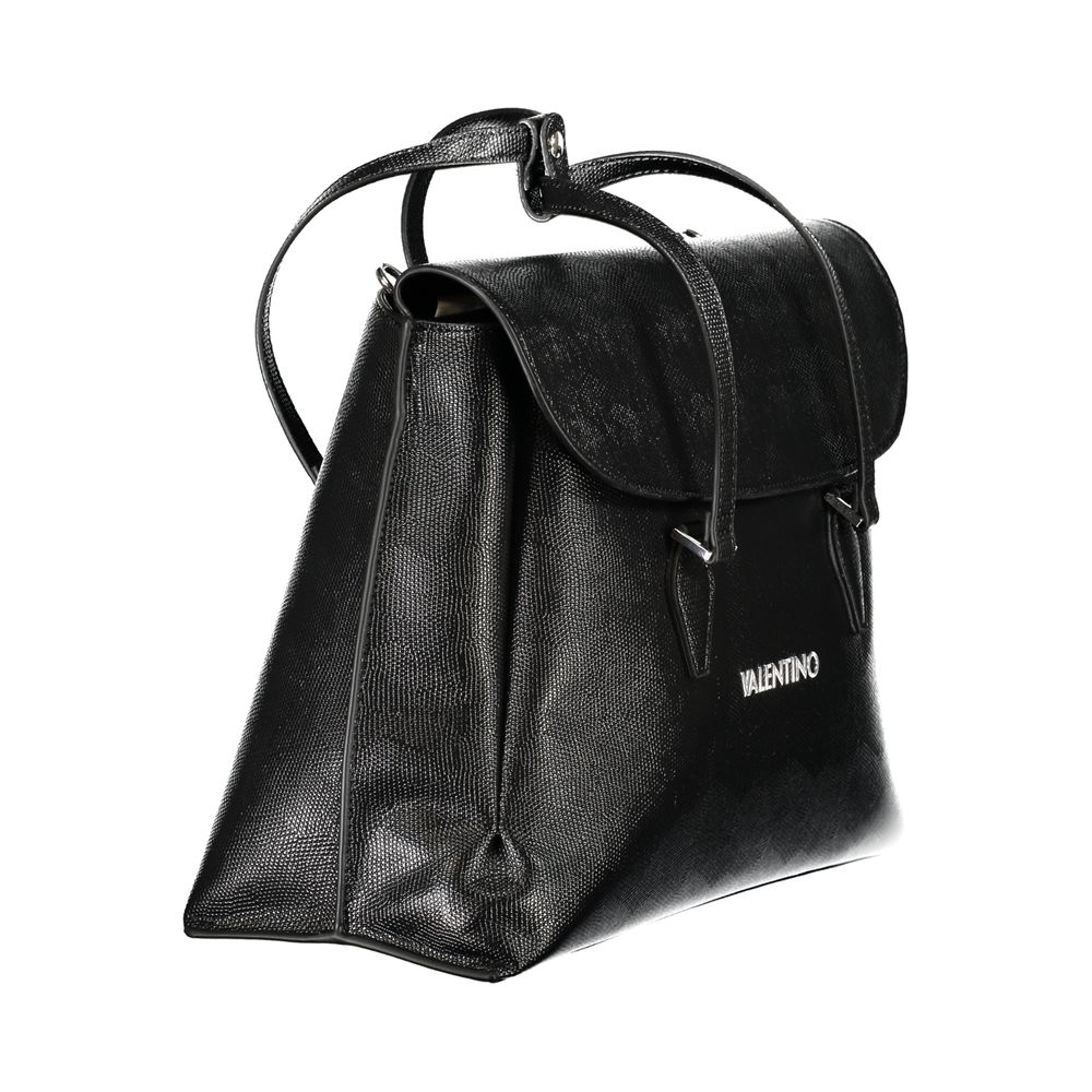 Mario Valentino black polyurethane women's bag with sleek design and top handle, featuring a spacious interior and subtle branding.