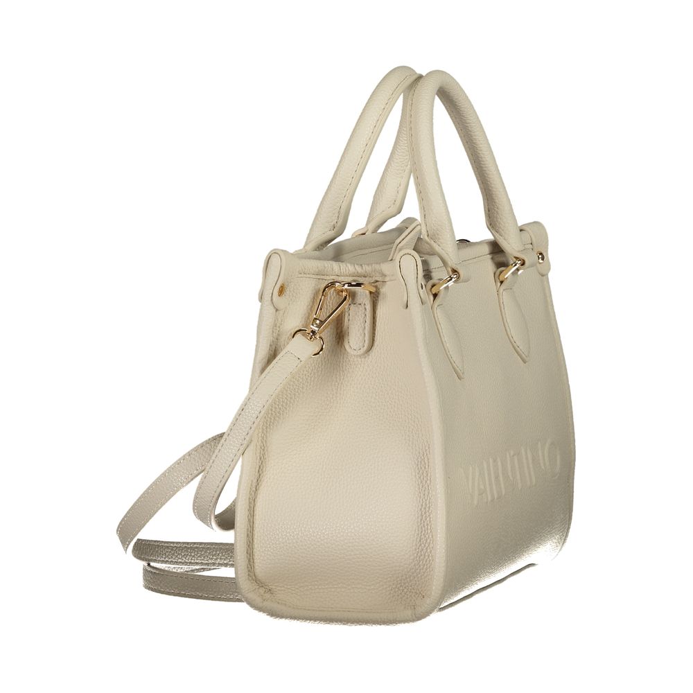 Mario Valentino beige polyurethane women's bag with sleek design and silver accents, featuring a top handle and adjustable shoulder strap.