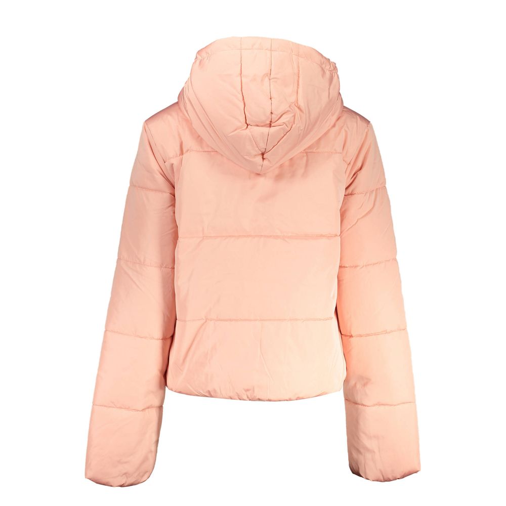 Vans pink polyester women's jacket displayed on a hanger, showcasing a casual, lightweight outerwear style.