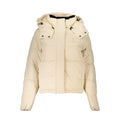Beige Calvin Klein women's polyester jacket with a sleek design, shown on a hanger in a neutral setting.
