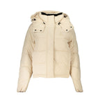 Beige Calvin Klein women's polyester jacket with a sleek design, shown on a hanger in a neutral setting.