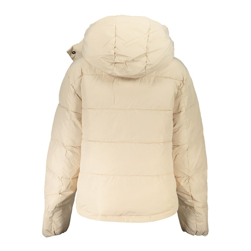 Calvin Klein beige polyester women's jacket displayed on a hanger, showing its sleek design and lightweight fabric.