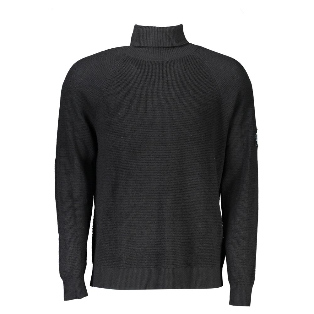 Calvin Klein black wool men's sweater with ribbed cuffs and neckline, displayed on a neutral background.