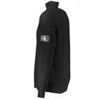 Black wool men's sweater by Calvin Klein, featuring a crew neck and ribbed cuffs, displayed on a neutral background.
