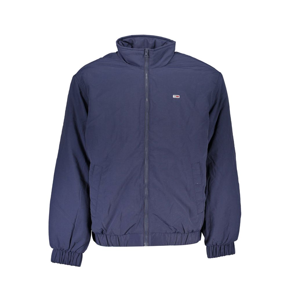 Tommy Hilfiger blue polyamide men's jacket displayed on a hanger, featuring a zip front and logo detail.