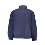Tommy Hilfiger blue polyamide men's jacket displayed on a hanger, showcasing its sleek design and lightweight material.