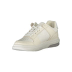 White leather women's sneaker by Tommy Hilfiger with a sleek design, laces, and subtle branding on the side.