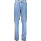 Calvin Klein Azzurro cotton women's jeans displayed on a hanger, showcasing classic five-pocket design and slim fit style.